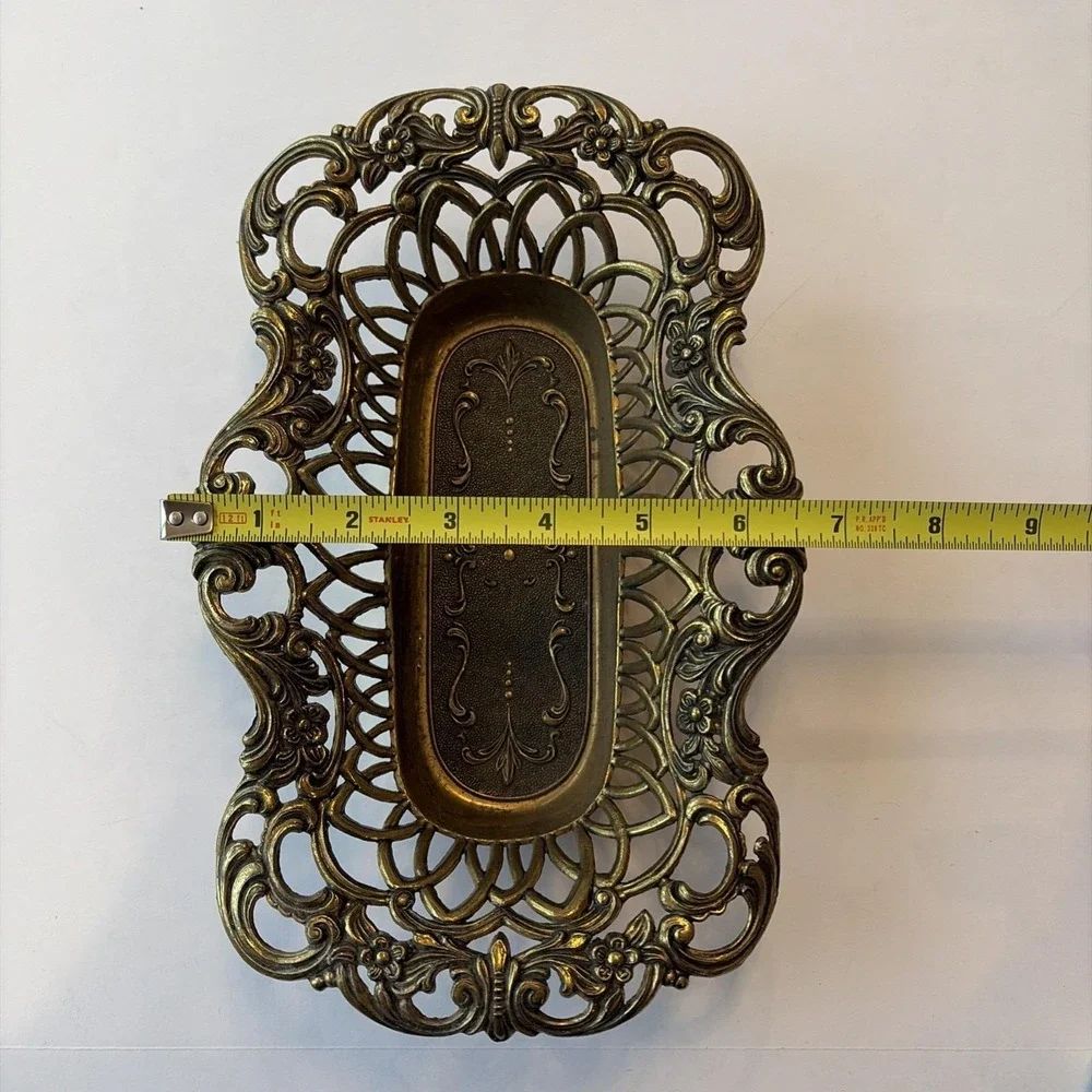 Vintage Italian Ornate Gilt Brass Pierced Footed Vanity Dresser Tray Made Italy